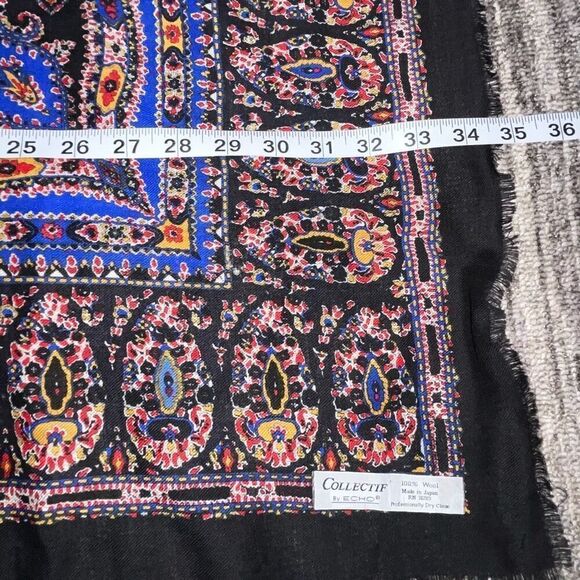 Collectif by Echo Ornate‎ Wool Scarf Multicolor Frayed Edge Printed Pattern - Picture 8 of 8